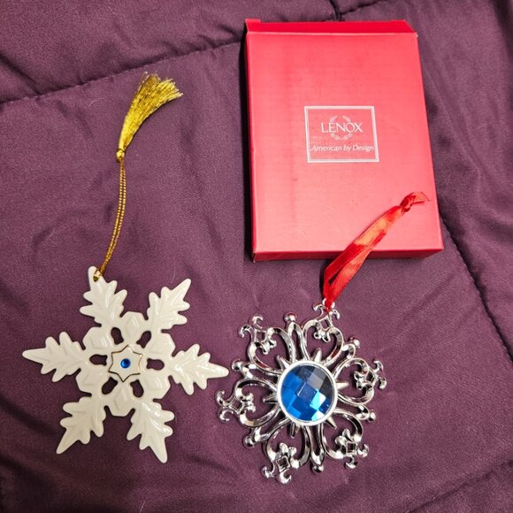 LENOX Blue Jeweled Procelain and Sliverplate Lot of 2 Snowflake Xmas Ornaments - Picture 1 of 8